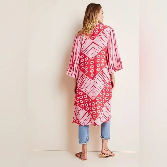 Bl-nk Anthropologie Lia Shibori Pink & Red Tie Dye Kimono Cardigan - Picture 2 of 13
